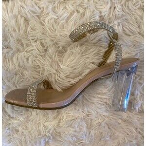 Dillard’s Rhinestone Sexy Sandal size 7.5 Clear Chunky Heel Strappy Wedding Prom